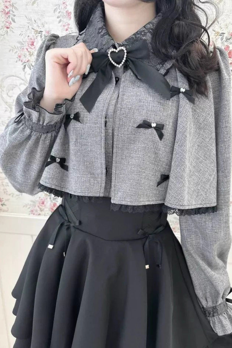 Grey Lapel Collar Long Sleeves Bowknot Sweet Japanese Jirai Kei Blouse Coat - Product - 3