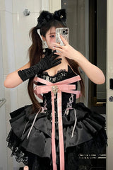 Black [Kitten Sweetheart] Multi-Layered Ruffled Bow Lace-Up Princess Ballet Gothic Lolita Jsk Dress - Product - 14