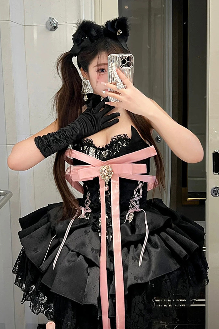Black [Kitten Sweetheart] Multi-Layered Ruffled Bow Lace-Up Princess Ballet Gothic Lolita Jsk Dress - Product - 14