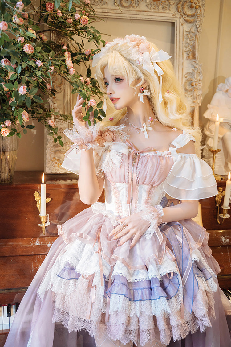 Pink/Purple [Rose Memoirs] Sleeveless Multi-Layered Bowknot Lace Sweet Lolita Skirt Set - Product - 10