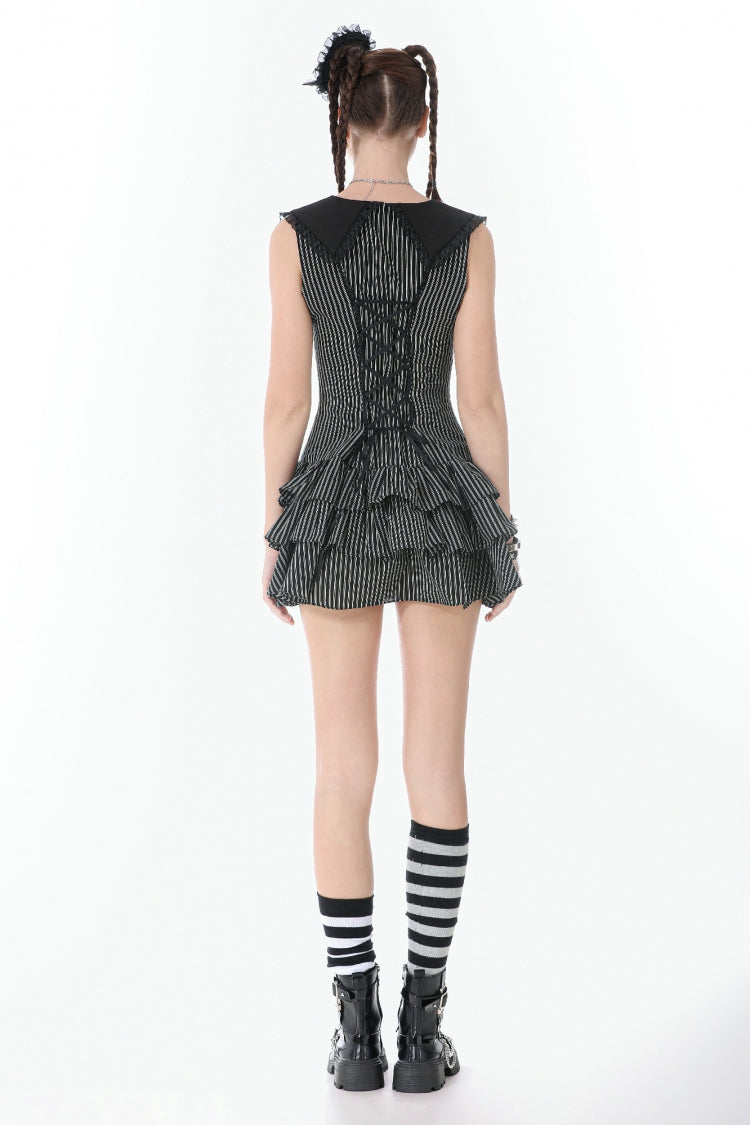 Black/Grey Navy Collar Sleeveless Bow Lace-Up Pinstripe Multi-Layered Ruffled Women's Gothic Dress - Product - 12