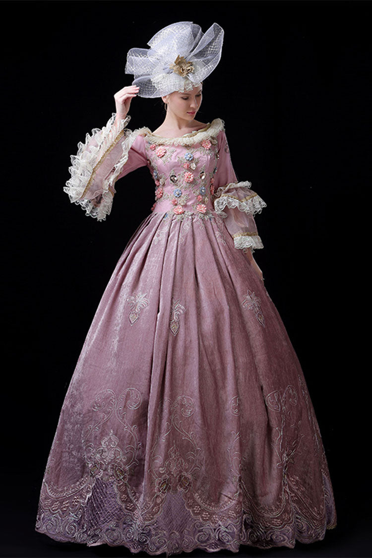 Pink Multi-Layer Trumpet Sleeves High Waisted Three Dimensional Flower Hollow Embroidery Print Victorian Lolita Prom Dress - Product - 4