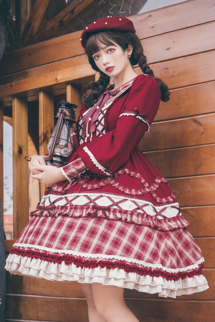 Red Retro Lantern Long Sleeves Plaid Stitching Bowknot Ruffled Tiered Sweet Lolita OP Dress - Product - 2