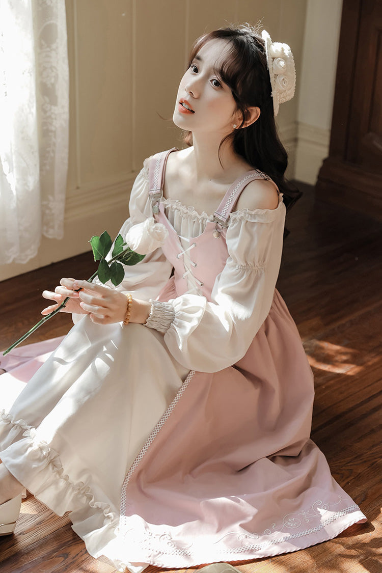 Pink/Apricot Square Collar Long Sleeves Ruffled Embroidered Lace-Up Sweet Lolita Two-Piece Dress Set - Product - 9