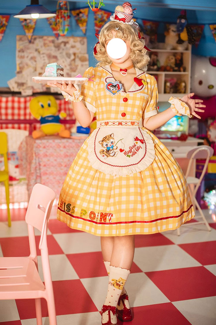Sweetheart Cat Short Sleeves Print Embroidery Sweet Lolita Dress 3 Colors - Yellow - 1