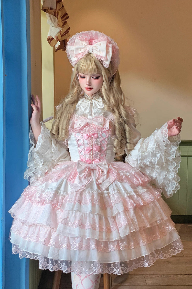 Pink/White [Love Overture] Multi-Layered Ruffle Bowknot Lace Sweet Lolita Jsk Dress - Product - 8