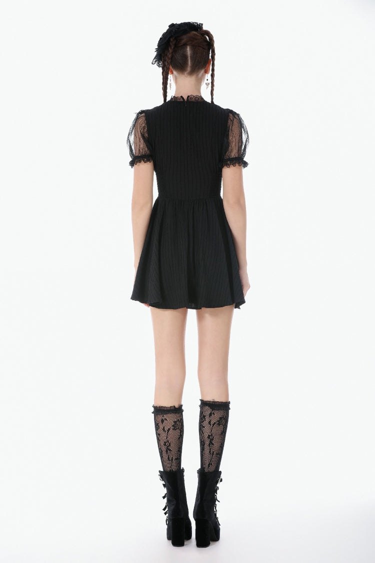 Black Lace Short Sleeves Cross Ruffled Women's Gothic Graduation Dress - Product - 4