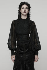Black Stand Collar Long Puff Sleeves Floral Embroidered Women's Gothic Blouse - Black - 1