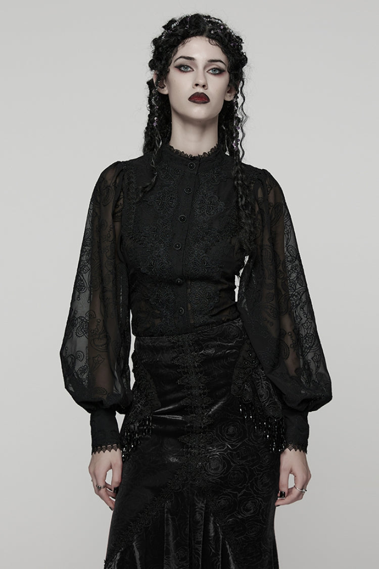 Black Stand Collar Long Puff Sleeves Floral Embroidered Women's Gothic Blouse - Black - 1