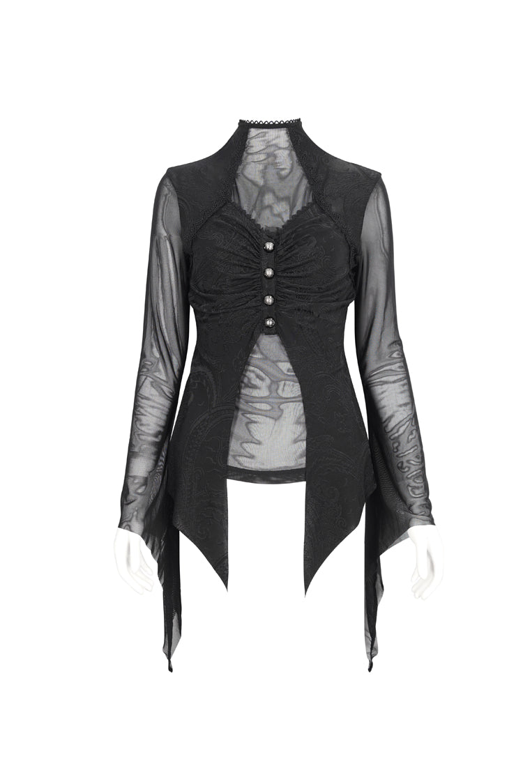 Black Jacquard Mesh Ruffled Long Sleeved Gothic Women's Shirt - Product - 5
