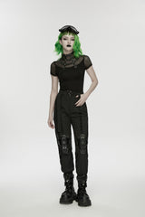 Black Stand Collar Short Sleeves Zippered Women's Punk Rivets&Eyelets T-Shirt - Product - 6