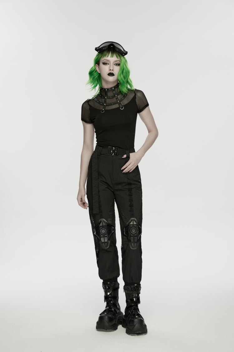 Black Stand Collar Short Sleeves Zippered Women's Punk Rivets&Eyelets T-Shirt - Product - 6