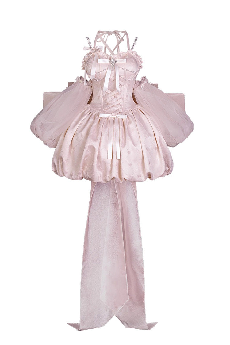 Pink [The Runaway Princess] Sleeveless Ruffle Bowknot Lace-Up Sweet Lolita Jsk Tulip Dress Set - Product - 3