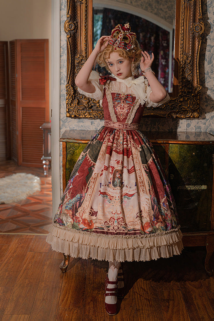 Red [Kaleidoscope of Dreams] Sleeveless Double-Layered Print Embroidery Bowknot Classic Vintage Gorgeous Lolita Jsk Dress - Product - 8