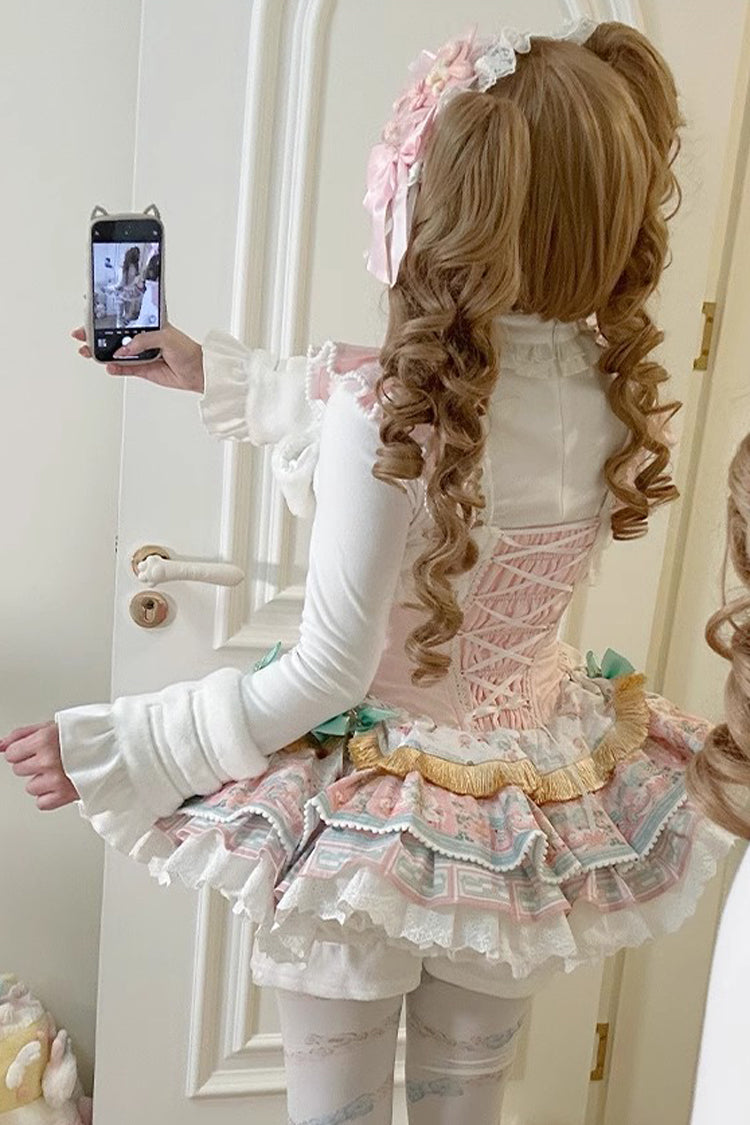 Pink [Candy House] Multi-Layered Print Ruffle Bowknot Lace-Up Sweet Ballet Lolita Jsk Dress - Product - 7