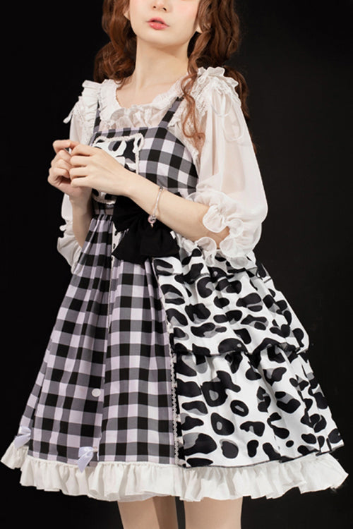 White/Black Milk Cow Plaid Panel Ruffled High Waisted Sweet Lolita JSK Dress - White/Black - 1