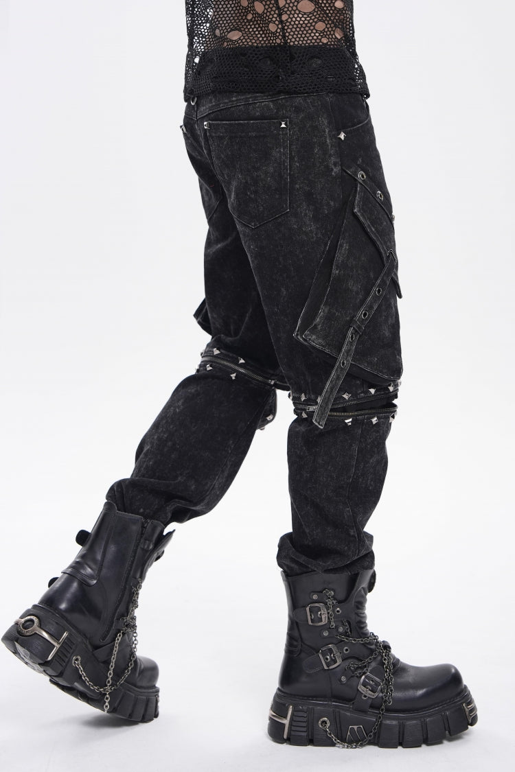 Black Spliced Detachable Studded Eyelet Men's Punk Cool Pants With Big Pockets - Product - 9
