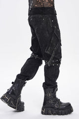 Black Spliced Detachable Studded Eyelet Men's Punk Cool Pants With Big Pockets - Product - 9