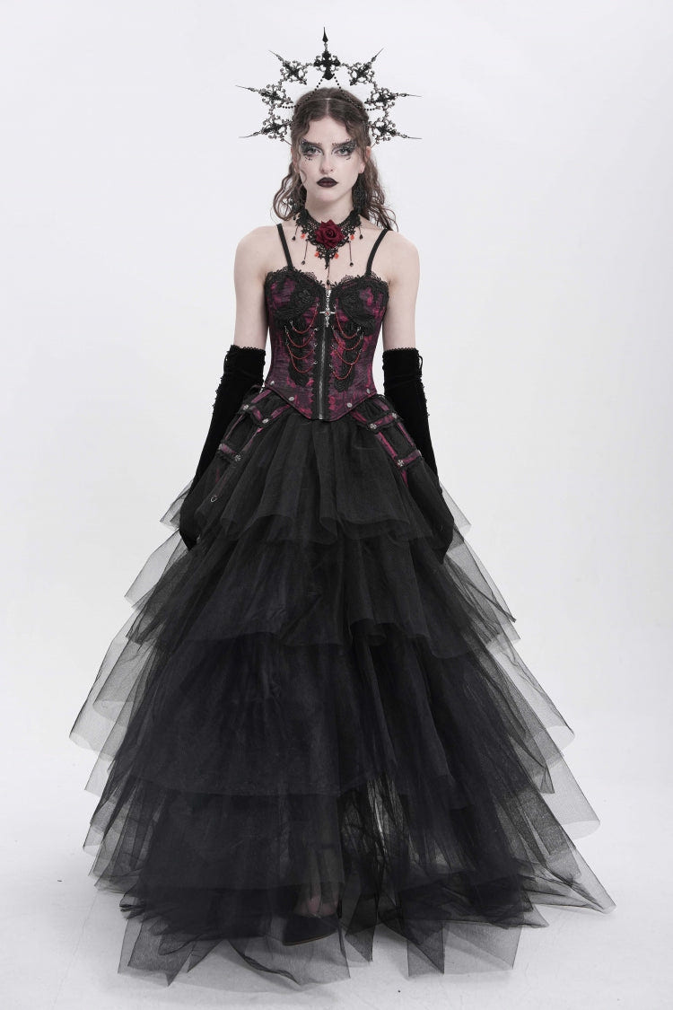 Red Sleeveless Embroidery Lace Chain Women's Gothic Vest - Product - 4
