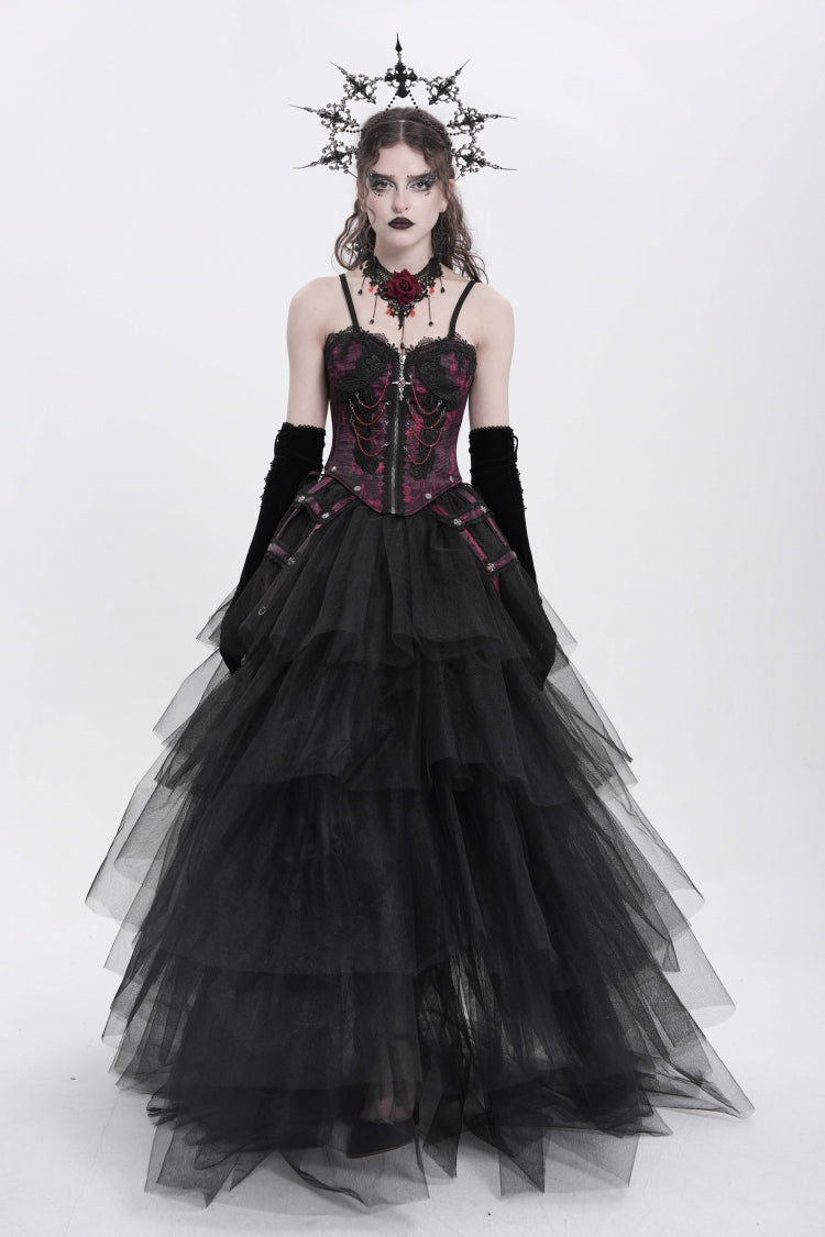 Red Sleeveless Embroidery Lace Chain Women's Gothic Vest - Product - 4