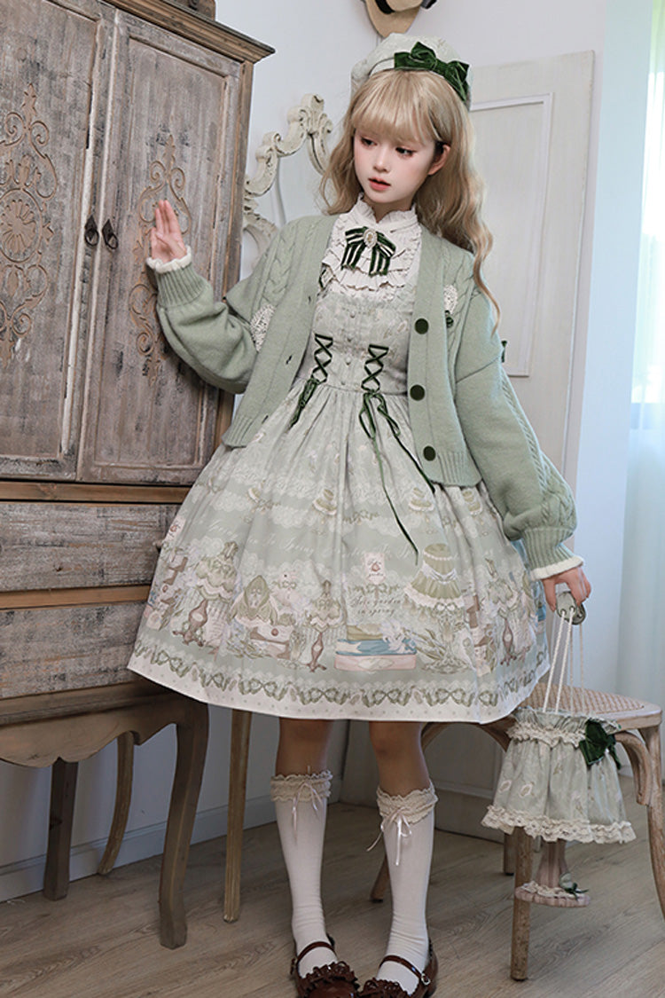 [Iris Study] Square Collar Print Bowknot Lace-Up Sweet Lolita Jumper Dress 2 Colors - Product - 7