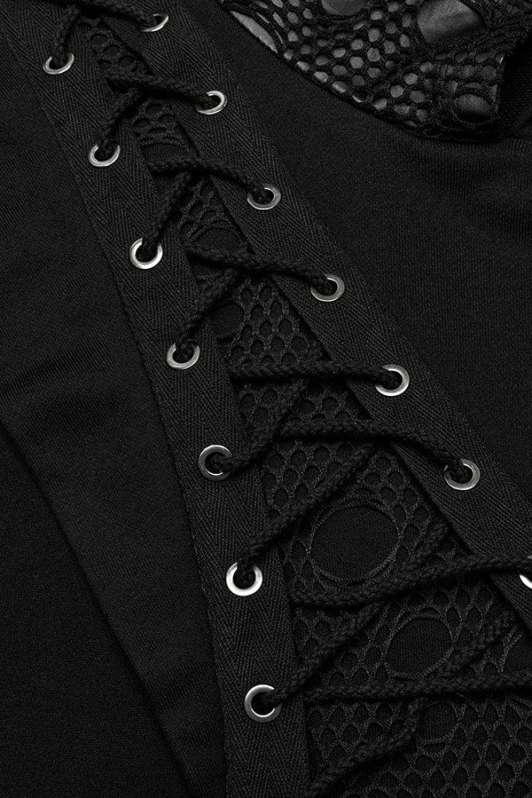 Black Long Sleeves Print Metal Eyelet Lace-Up Hooded Womens Steampunk Jacket - Product - 5