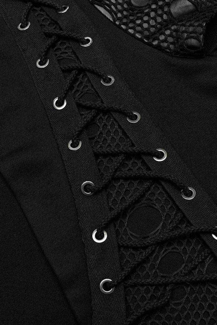 Black Long Sleeves Print Metal Eyelet Lace-Up Hooded Womens Steampunk Jacket - Product - 5