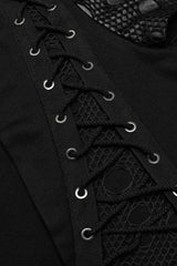 Black Long Sleeves Print Metal Eyelet Lace-Up Hooded Womens Steampunk Jacket - Product - 5