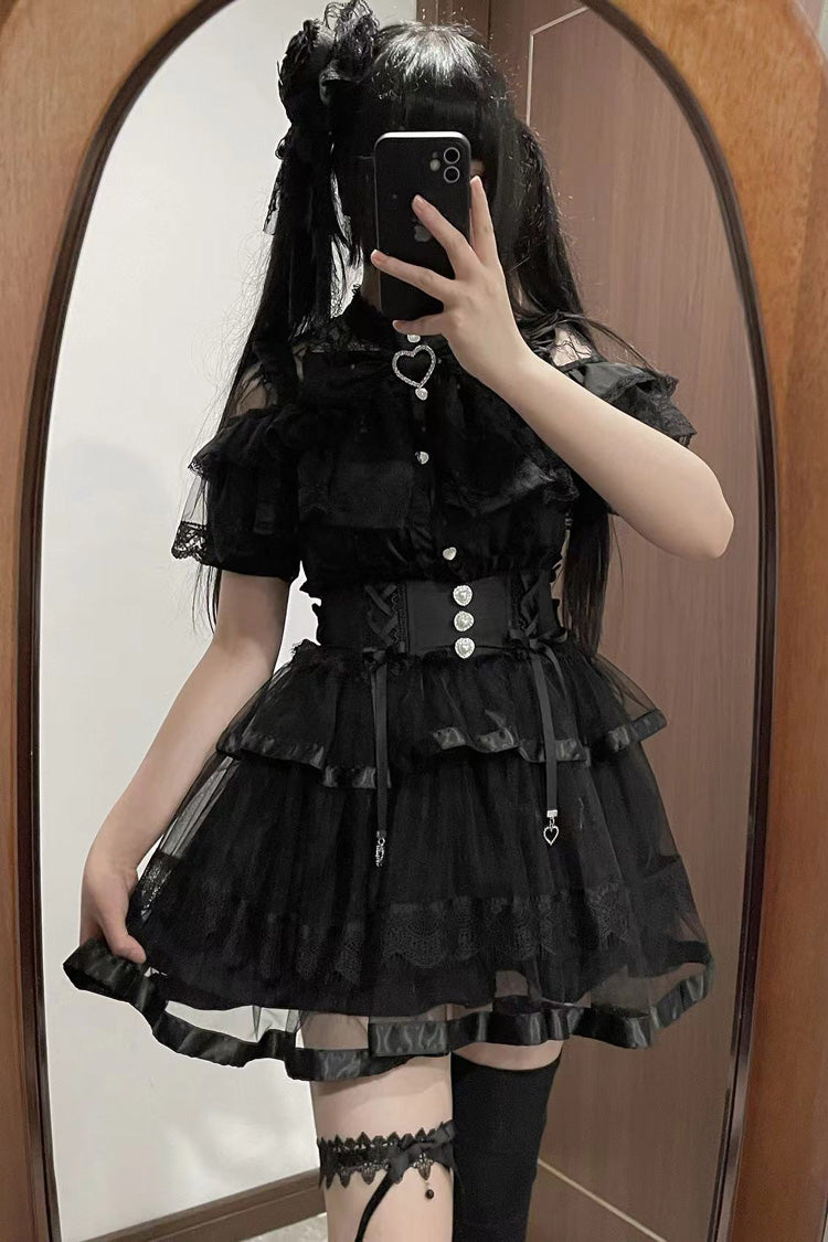 Jirai Kei Ruffle Bowknot Lace Fishbone Japanese Skirt 2 Colors - Product - 4