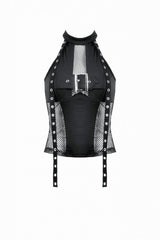 Black Off Shoulder Halterneck Sleeveless Mesh Eyelet Strap Women's Punk Top - Product - 3