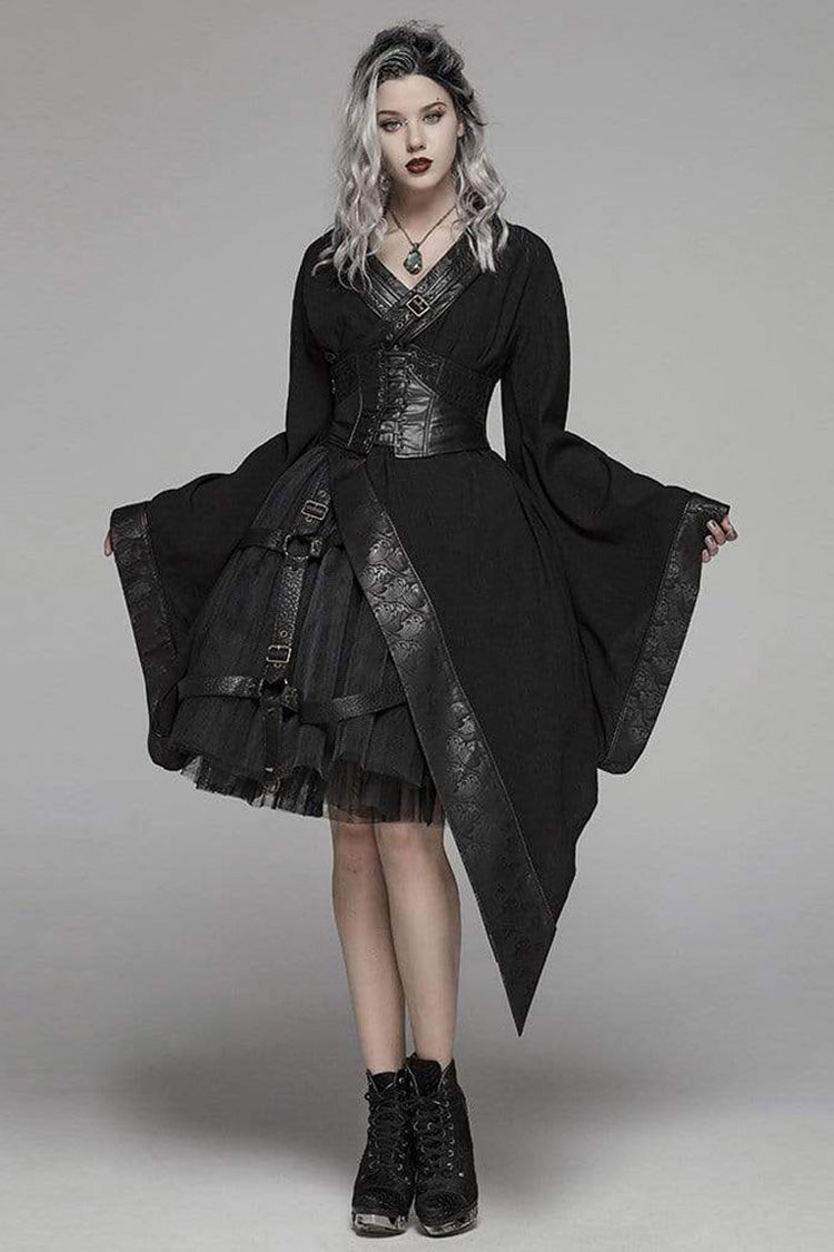 Black V Neck Metal Buckle Strap Waist Lace-Up Flare Sleeve Wave Printing Asymmetric Hem Kimono Women's Punk  Dress - Product - 2
