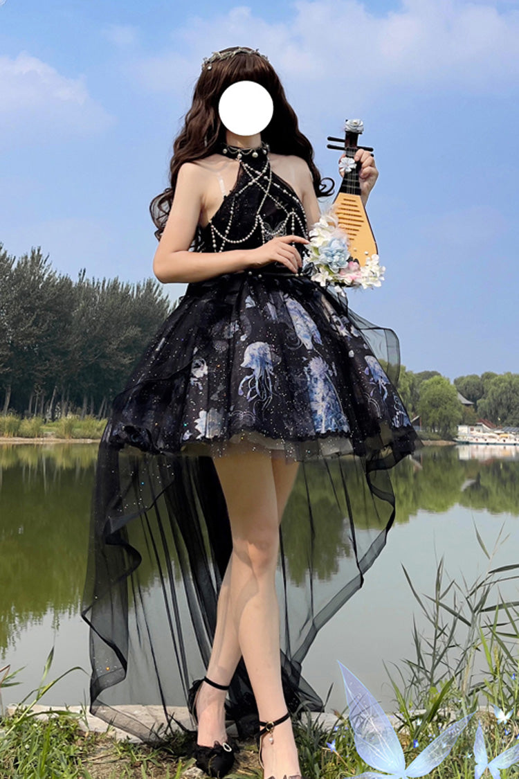 Blue [Deep Sea Jellyfish] Halterneck Sleeveless Print Embroidery Bowknot Lace Sweet Elegant Lolita Jsk Dress - Product - 9
