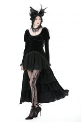 Black Round Collar Long Puff Sleeves Lace Lace-Up Hem High Low Women's Gothic Velvet Wedding Dress - Product - 6