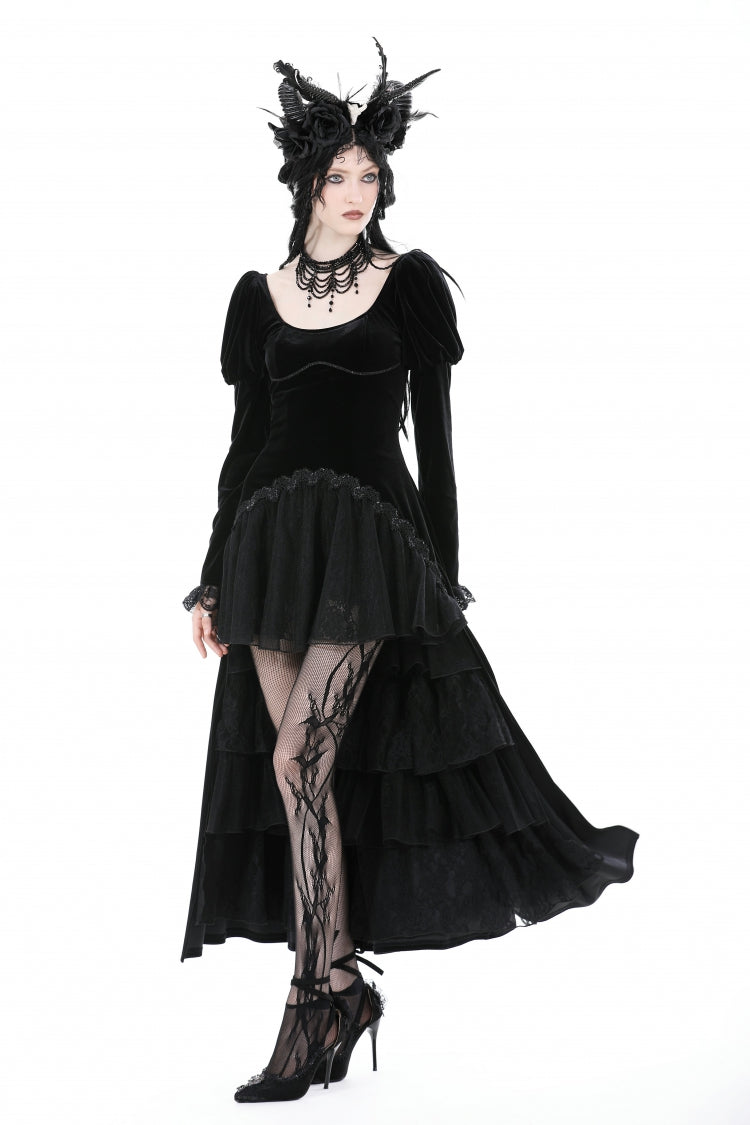 Black Round Collar Long Puff Sleeves Lace Lace-Up Hem High Low Women's Gothic Velvet Wedding Dress - Product - 6