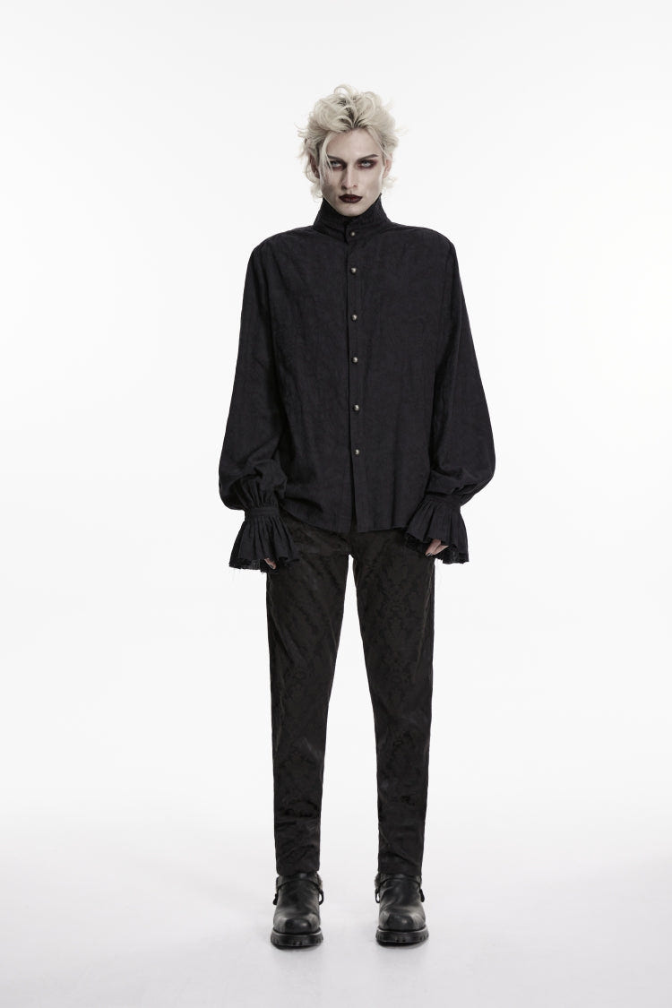 Black Stand Collar Long Puff Sleeves Jacquard Detachable Tie Men's Gorgeous Shirt - Product - 8