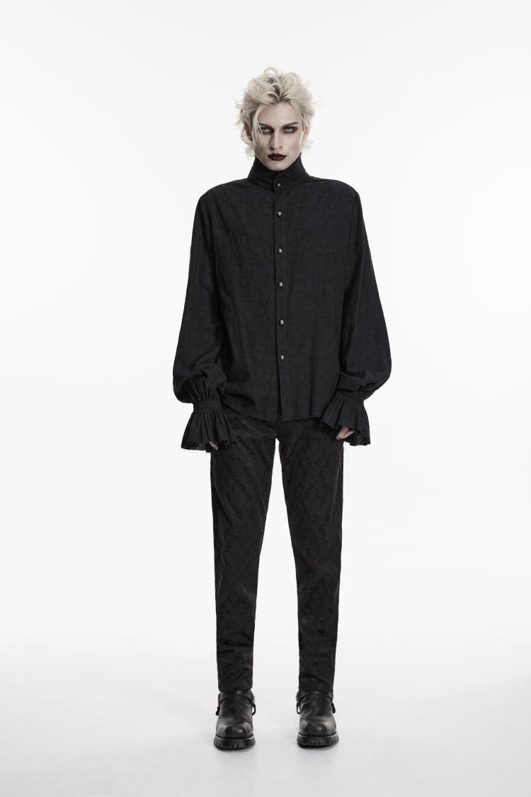 Black Stand Collar Long Puff Sleeves Jacquard Detachable Tie Men's Gorgeous Shirt - Product - 8