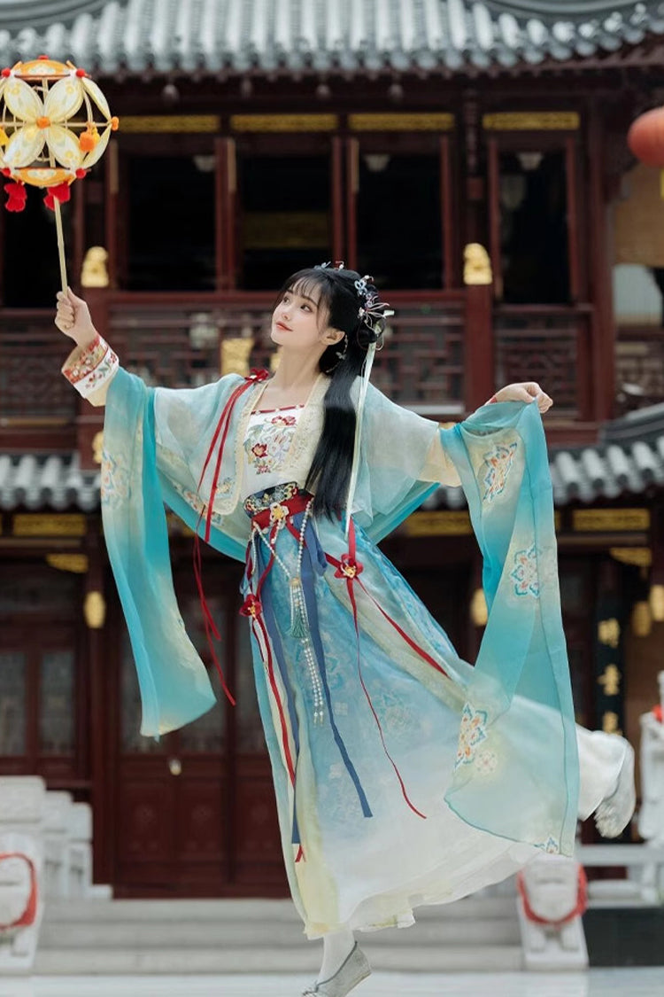 Multi-Color High Waisted Jacquard Print Slim Women's Sweet Hanfu Dress Full Set - Product - 4