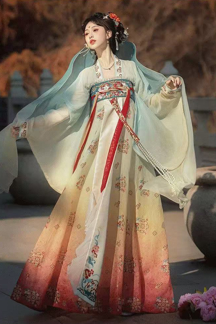 Blue/Pink High Waisted Print Embroidery Women's Classic Hanfu Dress Full Set - Product - 5