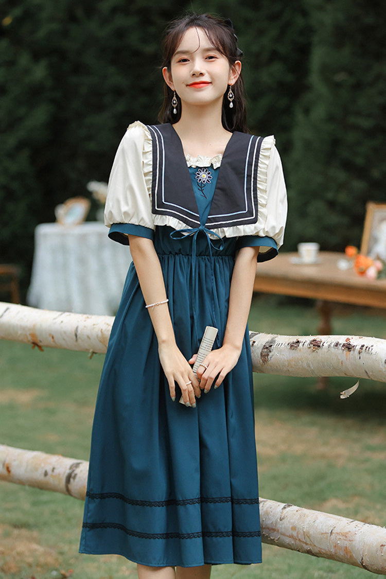 Multi-Color Retro Doll Collar Short Lantern Sleeves High Waist Embroidery Sweet Lolita OP Dress - Product - 3