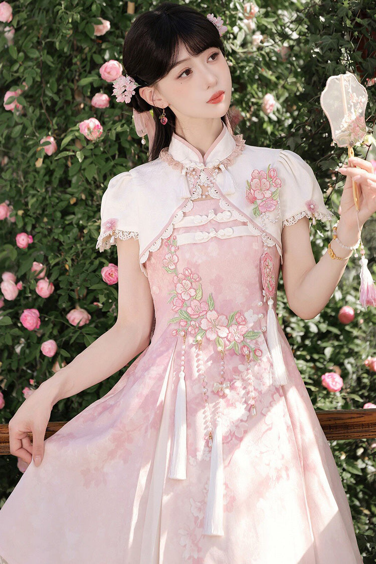 Pink [Whispers on Falling Cherry Blossoms] Printed Embroidered Tassel Sweet Classic Chinese Style Lolita Jsk Dress Set - Product - 9