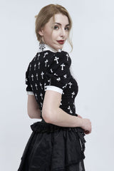 Black/White Cross Printed Chest Paneled Chiffon With Lace Collar Applique? Lace Strap Pendant Women's Punk Shirt - Product - 3
