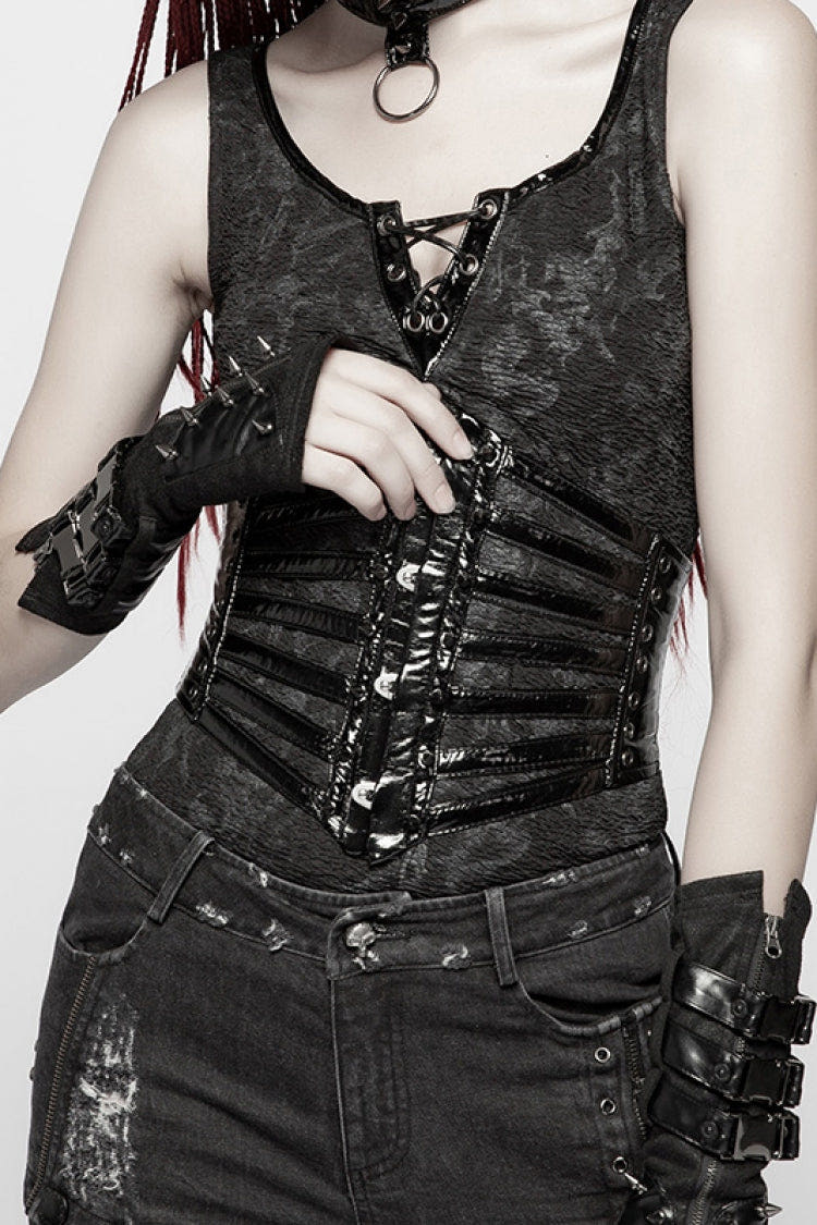 Black Faux Leather Strips Lace-Up Women's Steampunk Girdle - Black - 1