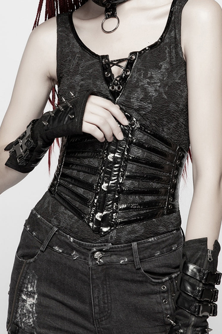 Black Faux Leather Strips Lace-Up Women's Steampunk Girdle - Black - 1