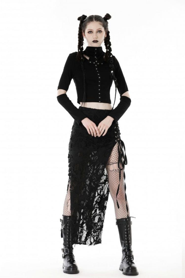 Black Metal Cross Eyelet Long Sleeves Cut-Out Women's Punk Crop Top with Ripped Hood - Black - 1