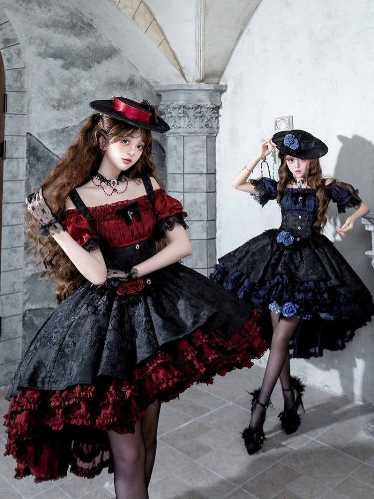 Red & Black Gothic Underbust JSK Dress and Off-Shoulder Blouse Set detail view 8