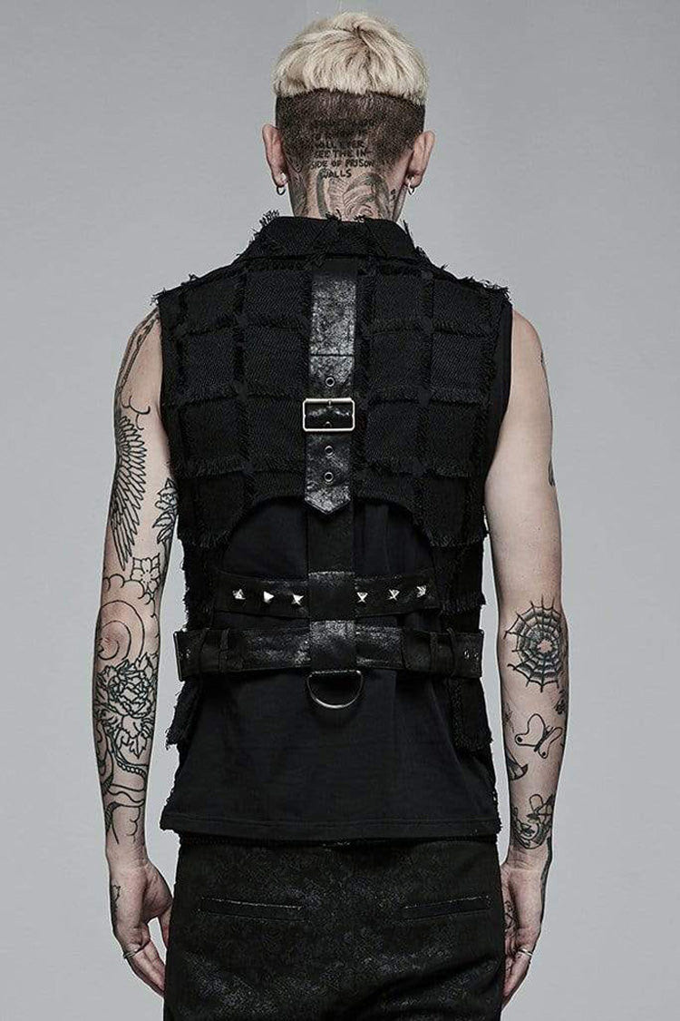Black Gothic Asymmetrical Decadence Hairy Flu Back Cutout Design Leather Strip Metal Rivets Men's Vest - Product - 3