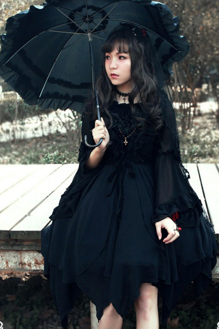 [Ballet of the Dead] Double-Layered Embroidery Lace-Up Gothic Lolita Jsk Dress (Cape Included) - Product - 7