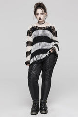 Round Collar Striped Print Irregular Ripped Women's Gothic Sweater 4 Colors - Product - 4