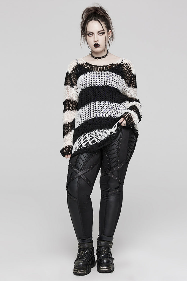 Round Collar Striped Print Irregular Ripped Women's Gothic Sweater 4 Colors - Product - 4