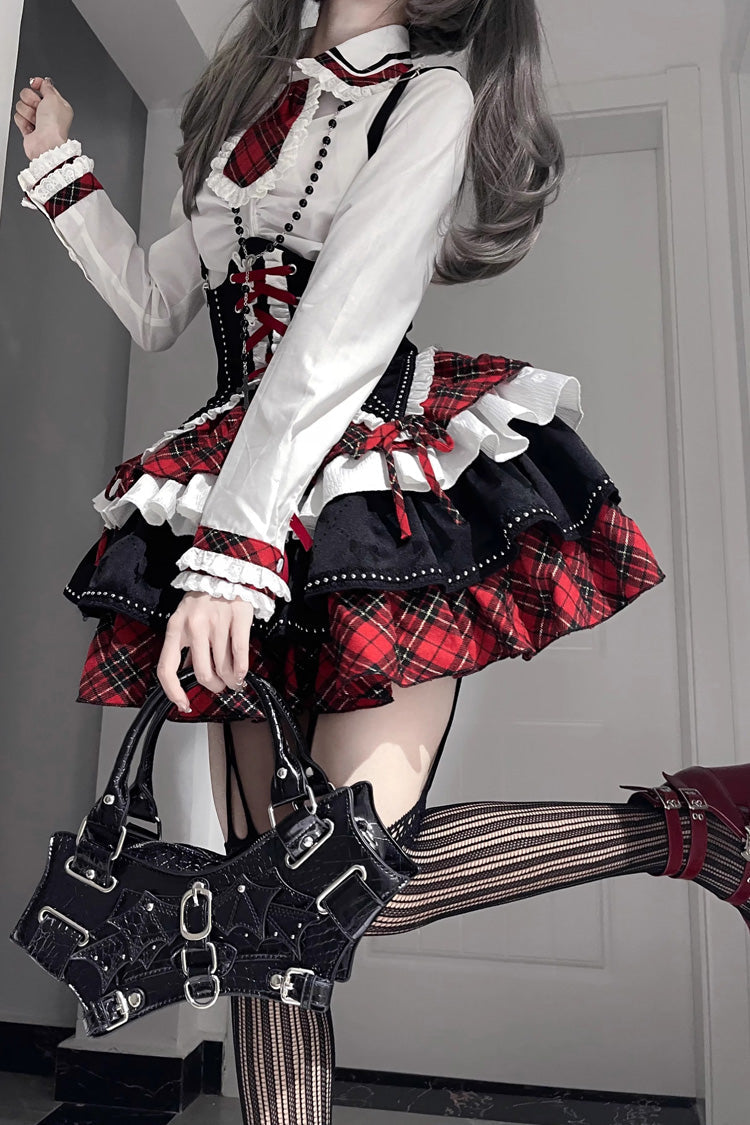 Red/White/Black Multi-layer Ruffle Opera Rock Girl Gothic Lolita Strap Dress Set - Product - 2